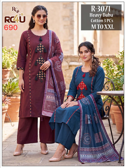 R 3071-3072 Ramdev Creation Dhabu Cotton Readymade Pant Style Suits Wholesaler Ahmedabad