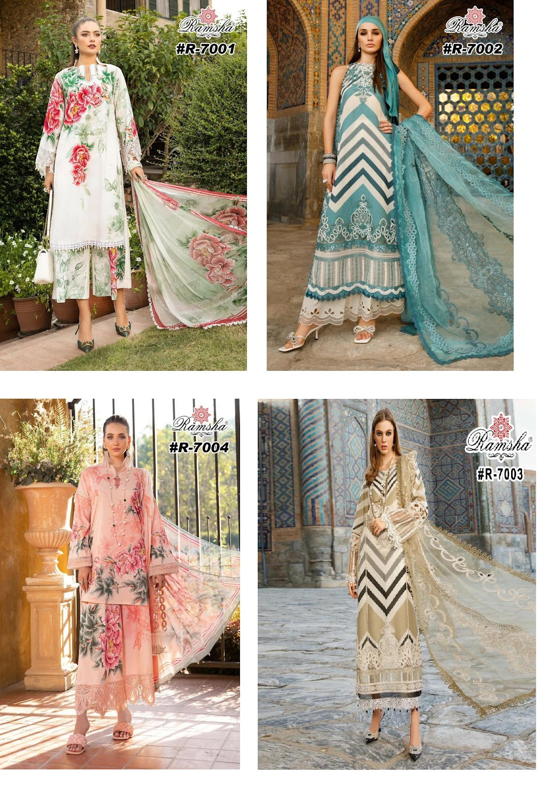 R 7001-7004 Ramsha Pakistani Patch Work Suits Wholesaler India