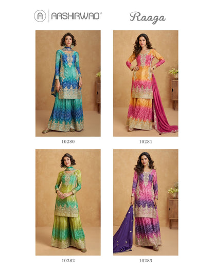 Raaga Aashirwad Creation Chinnon Silk Readymade Suits Manufacturer Gujarat