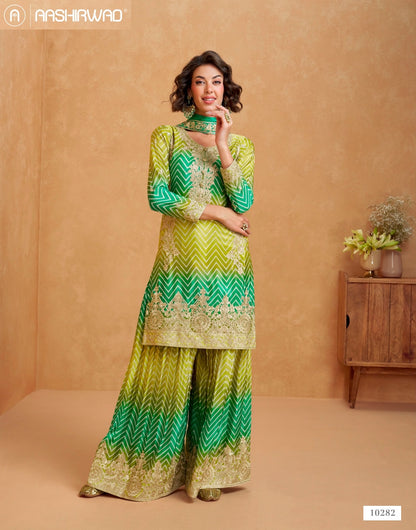 Raaga Aashirwad Creation Chinnon Silk Readymade Suits Manufacturer Gujarat