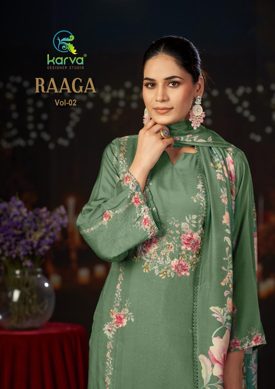 Raaga Vol 2 Karva Designer Studio Viscose Maslin Pant Style Suits Wholesaler Ahmedabad