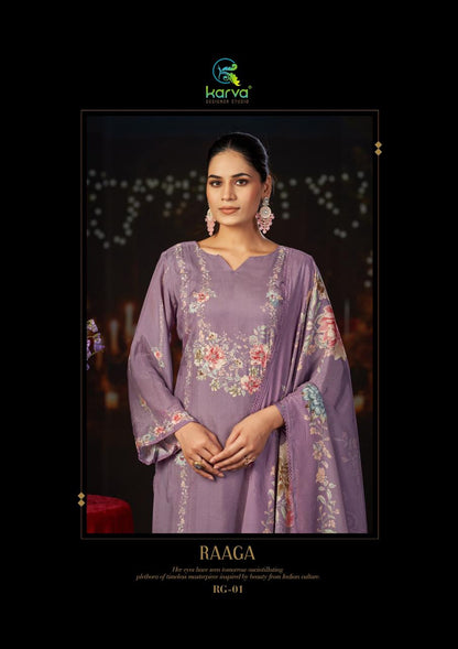 Raaga Vol 2 Karva Designer Studio Viscose Maslin Pant Style Suits Wholesaler Ahmedabad