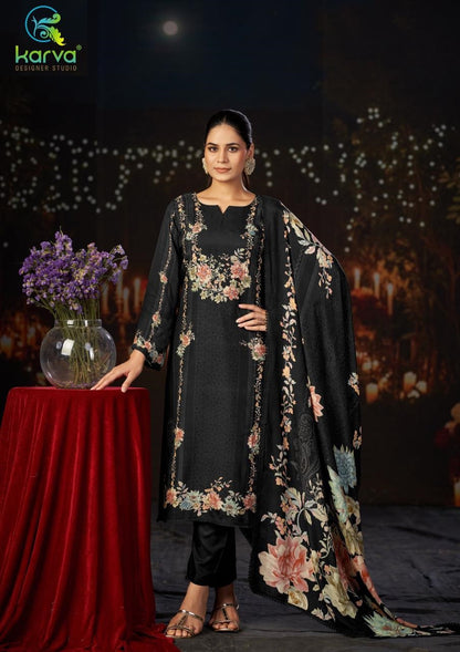 Raaga Vol 2 Karva Designer Studio Viscose Maslin Pant Style Suits Wholesaler Ahmedabad