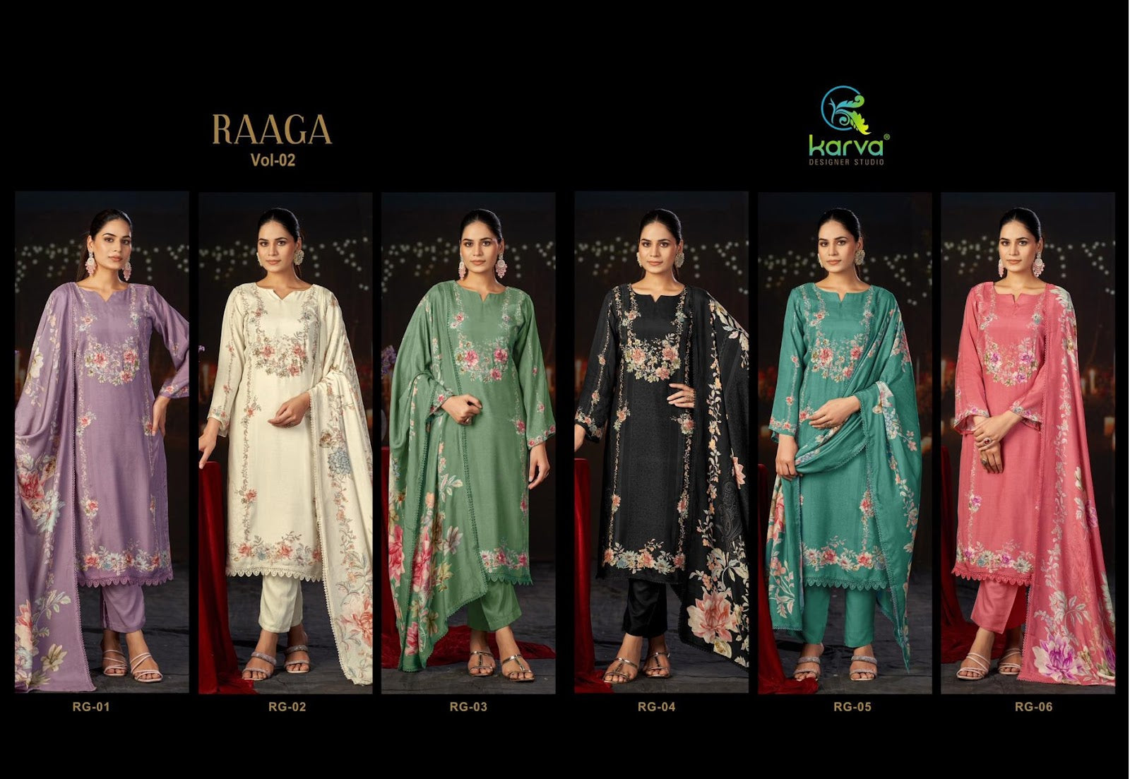 Raaga Vol 2 Karva Designer Studio Viscose Maslin Pant Style Suits Wholesaler Ahmedabad
