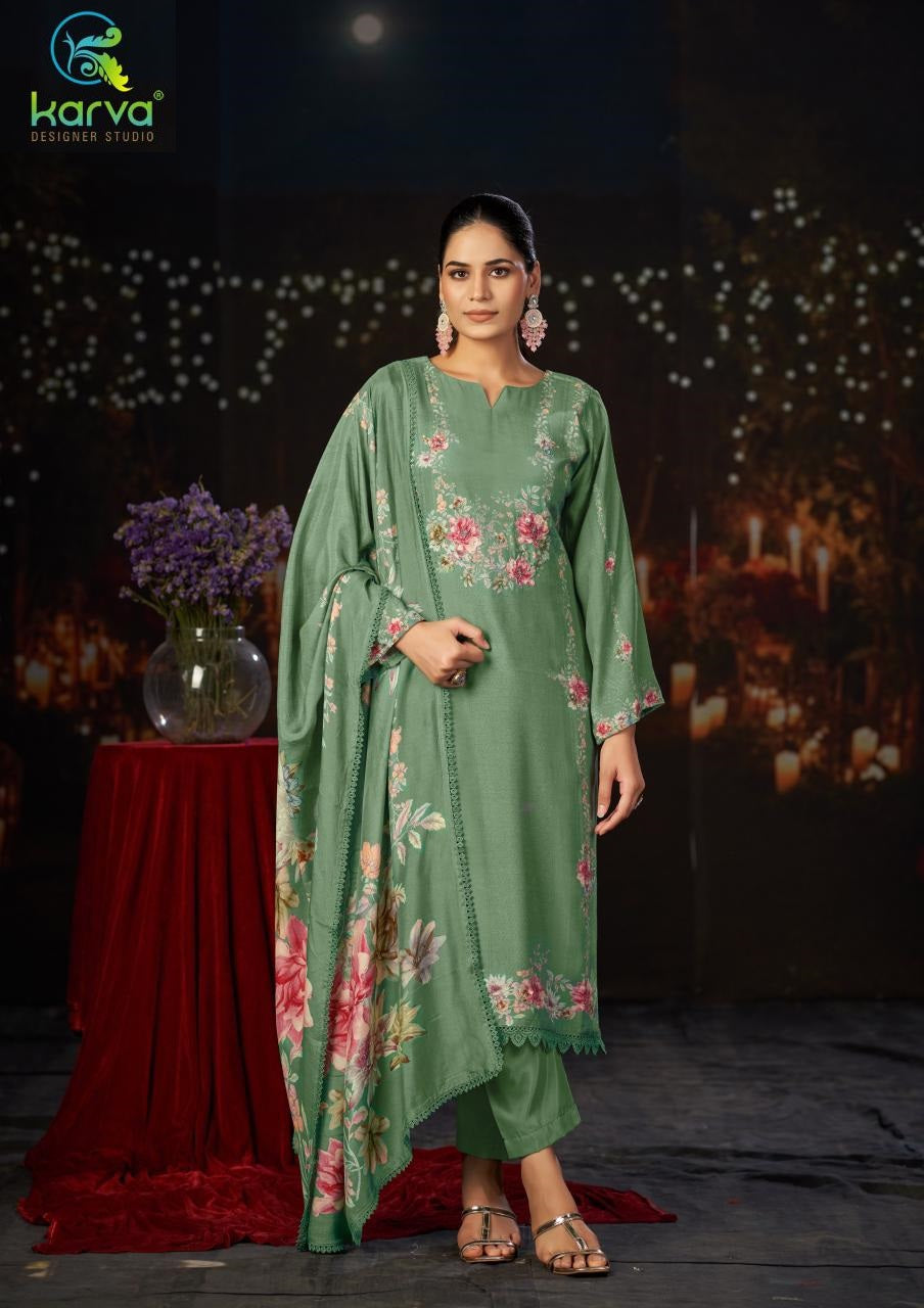 Raaga Vol 2 Karva Designer Studio Viscose Maslin Pant Style Suits Wholesaler Ahmedabad