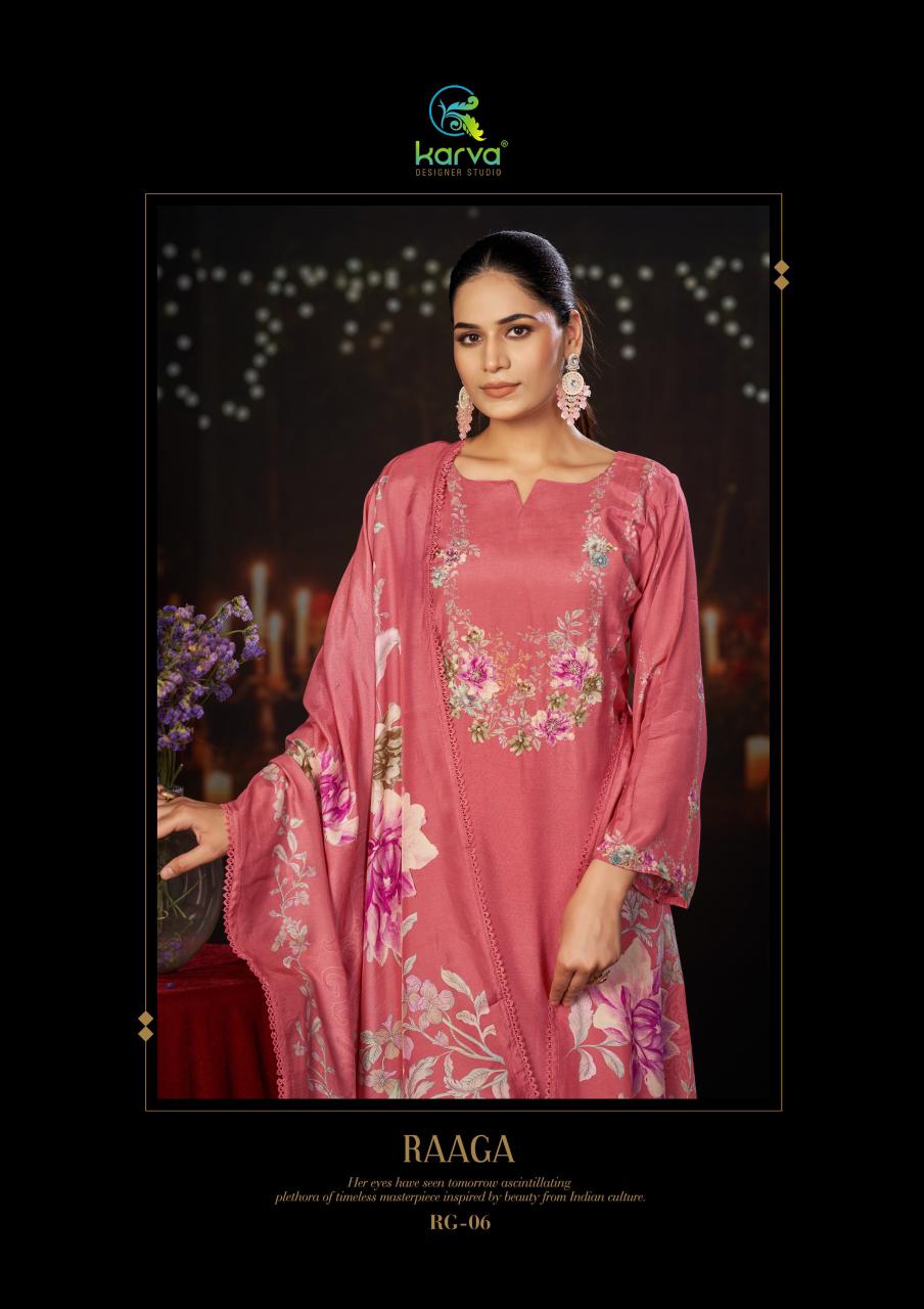 Raaga Vol 2 Karva Designer Studio Viscose Maslin Pant Style Suits Wholesaler Ahmedabad