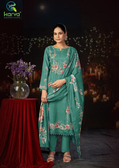 Raaga Vol 2 Karva Designer Studio Viscose Maslin Pant Style Suits Wholesaler Ahmedabad