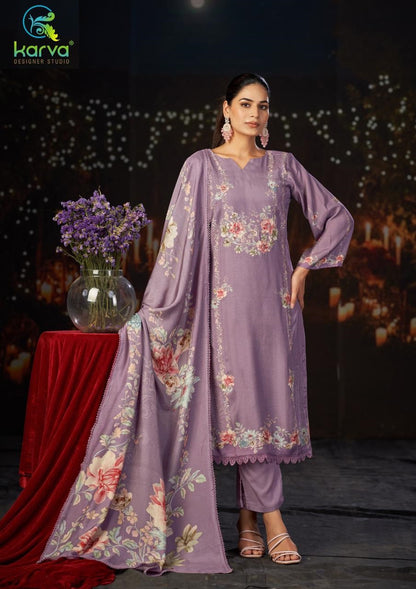 Raaga Vol 2 Karva Designer Studio Viscose Maslin Pant Style Suits Wholesaler Ahmedabad