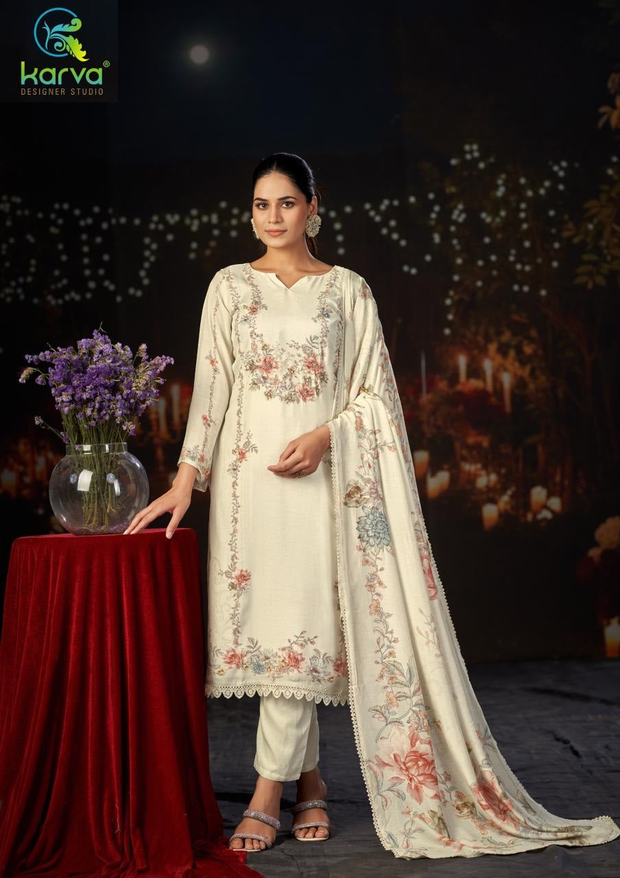 Raaga Vol 2 Karva Designer Studio Viscose Maslin Pant Style Suits Wholesaler Ahmedabad