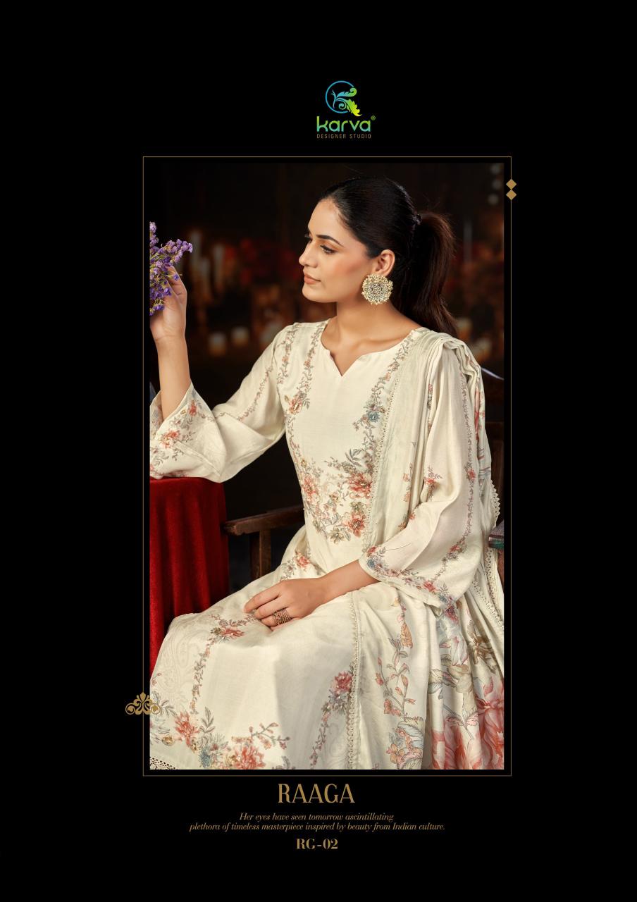 Raaga Vol 2 Karva Designer Studio Viscose Maslin Pant Style Suits Wholesaler Ahmedabad