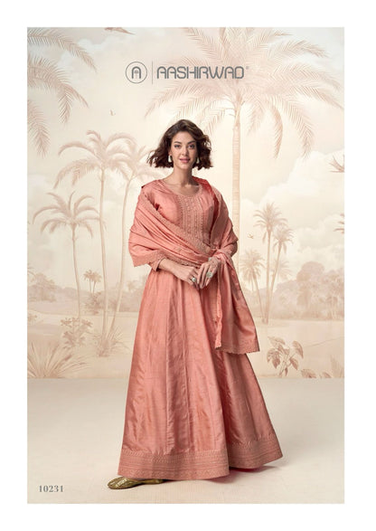 रागिनी आशीर्वाद क्रिएशन प्रीमियम सिल्क गाउन दुपट्टा सेट थोक विक्रेता गुजरात