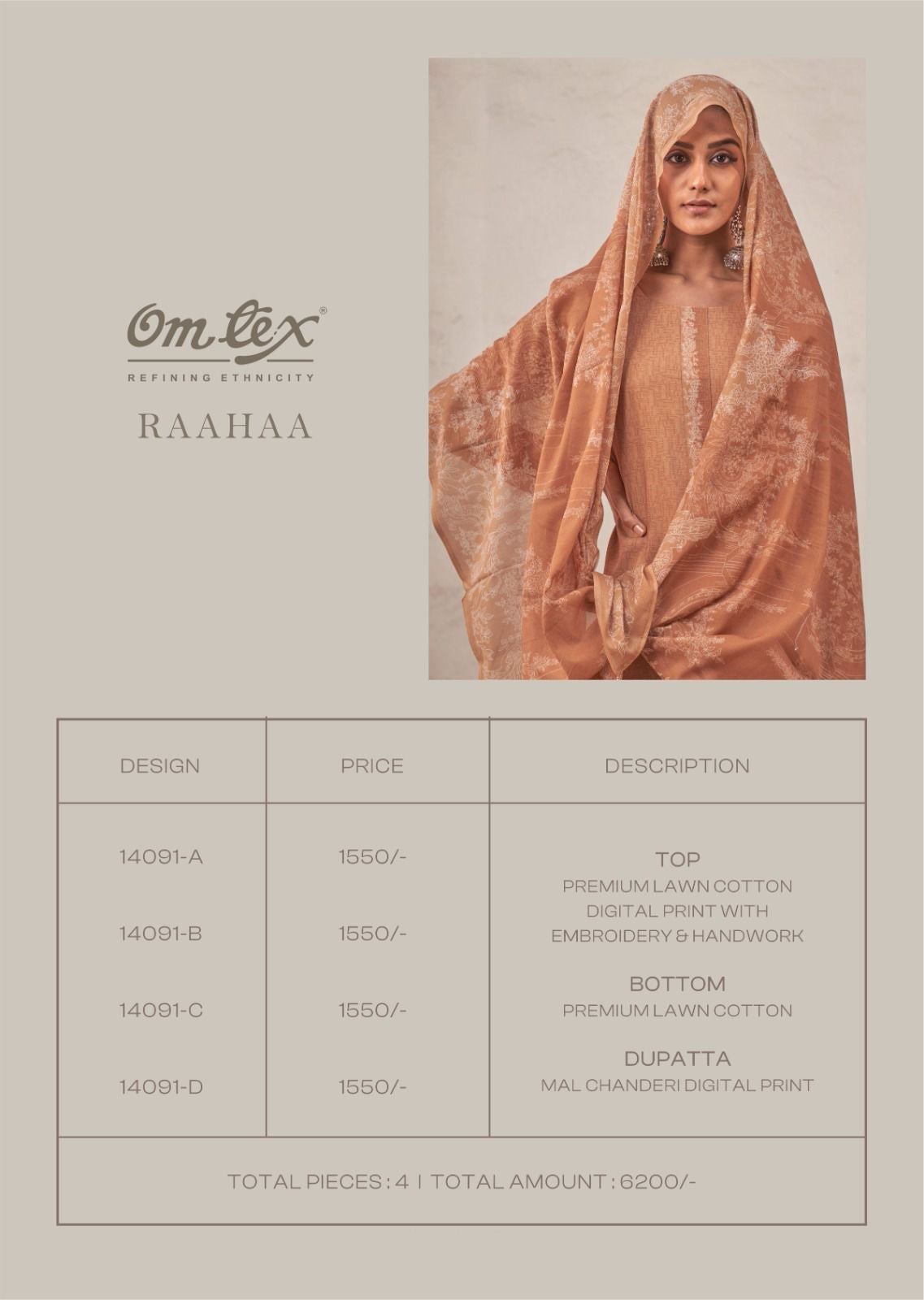 Raahaa Omtex Lawn Cotton Pant Style Suits Exporter