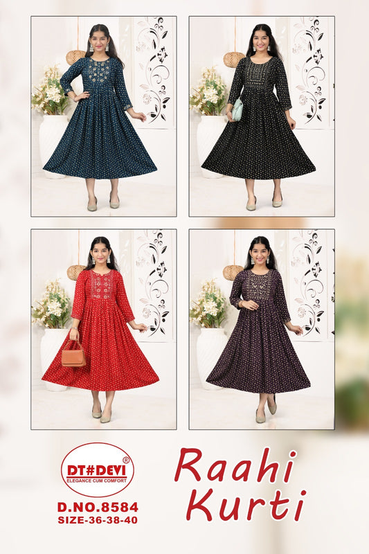 Raahi 8584 Dt Devi Rayon Anarkali Kurtis Supplier Gujarat