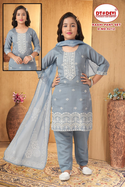Raahi Dn 9212 Dt Devi Roman Silk Girls Readymade Pant Suits Wholesaler Ahmedabad