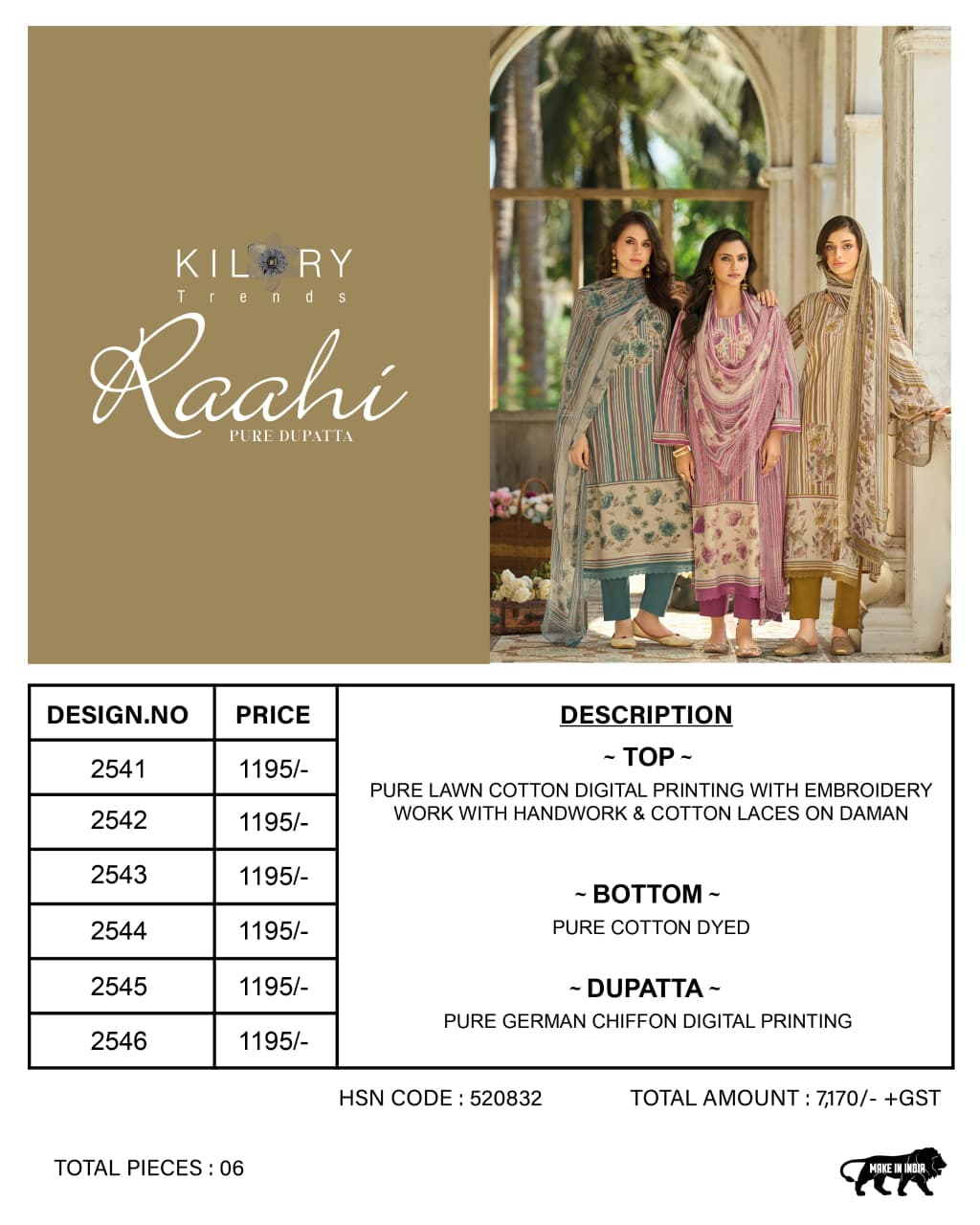 Raahi Kilory Lawn Cotton Pant Style Suits Manufacturer Gujarat