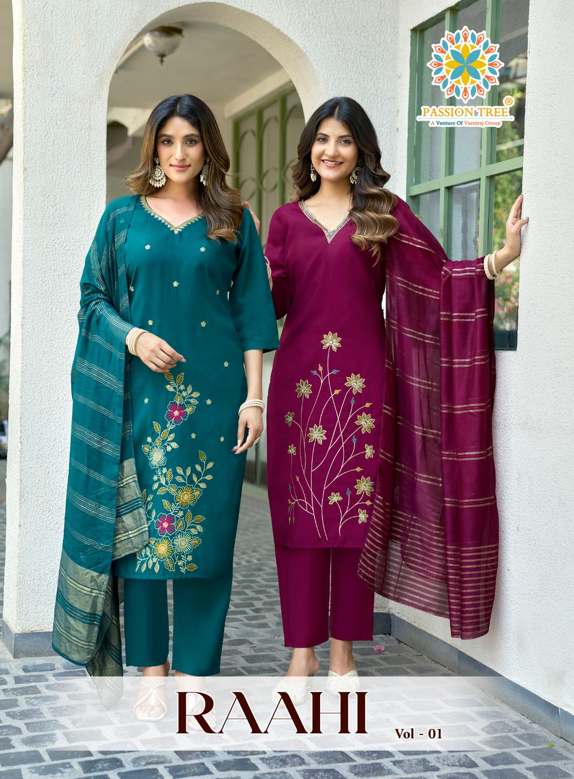 Raahi Vol 1 Passion Tree Roman Silk Readymade Pant Style Suits Manufacturer Gujarat