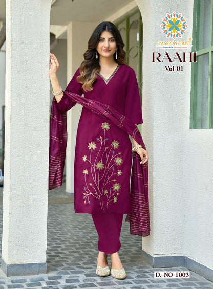 Raahi Vol 1 Passion Tree Roman Silk Readymade Pant Style Suits Manufacturer Gujarat