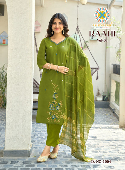 Raahi Vol 1 Passion Tree Roman Silk Readymade Pant Style Suits Manufacturer Gujarat