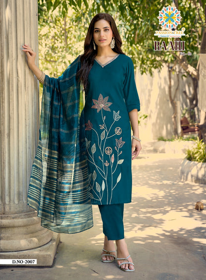 Raahi Vol 2 Passion Tree Roman Silk Readymade Pant Style Suits Manufacturer Gujarat