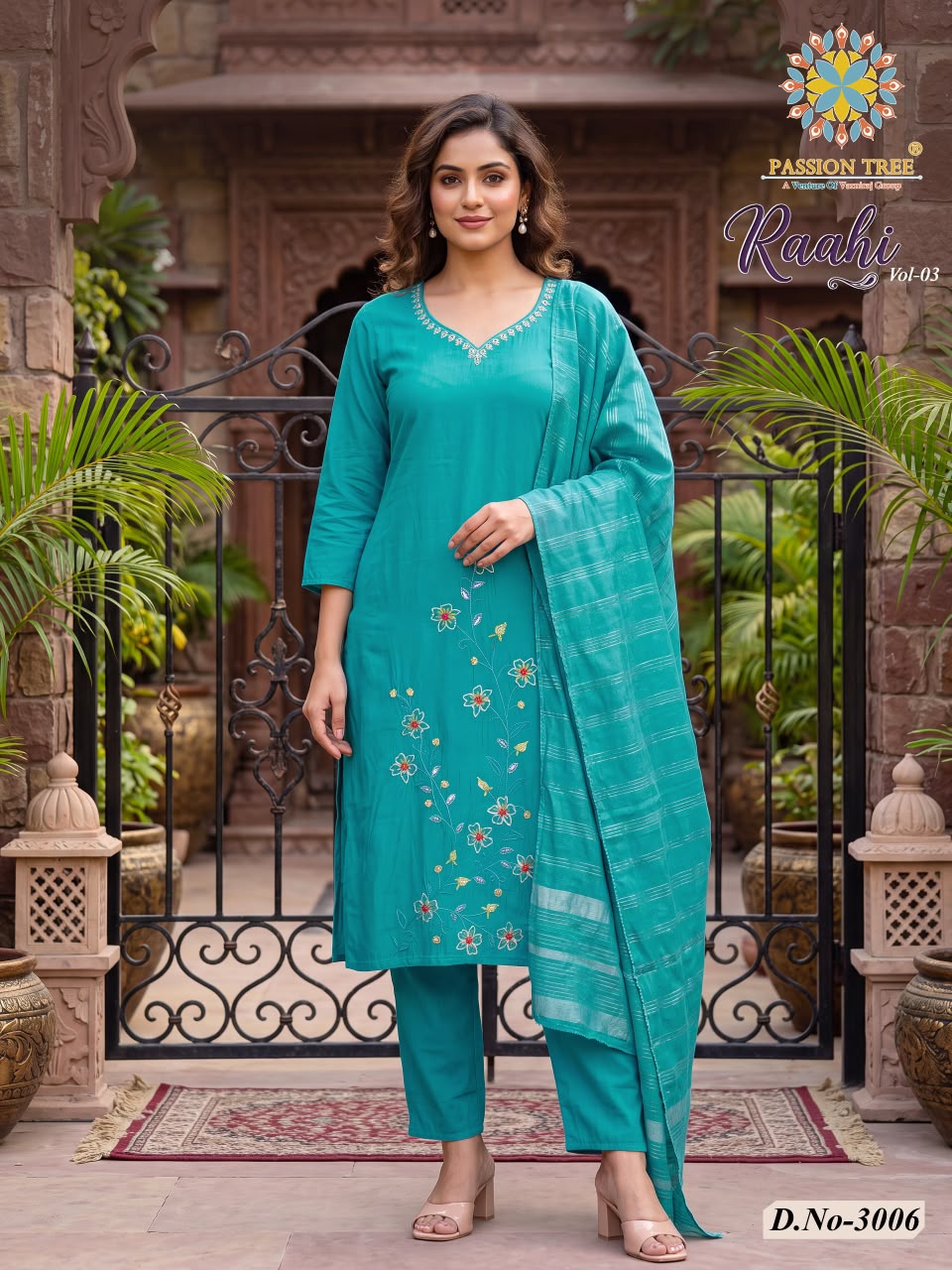 Raahi Vol 3 Passion Tree Roman Silk Readymade Pant Style Suits Exporter Gujarat