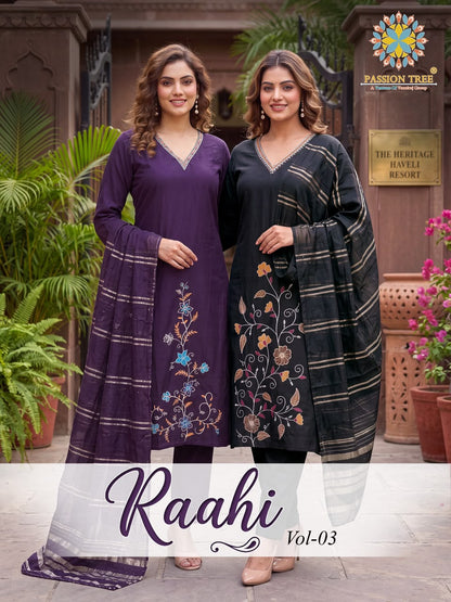 Raahi Vol 3 Passion Tree Roman Silk Readymade Pant Style Suits Exporter Gujarat