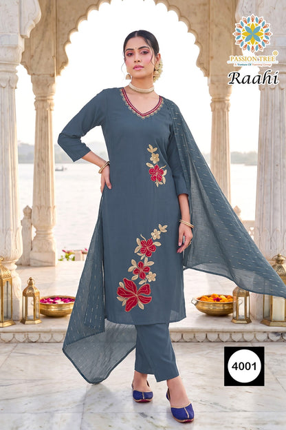Raahi Vol 4 Passion Tree Roman Silk Readymade Pant Style Suits Wholesaler India