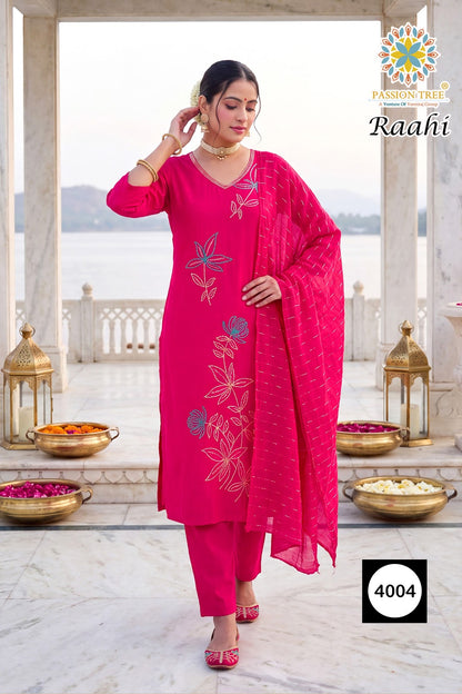 Raahi Vol 4 Passion Tree Roman Silk Readymade Pant Style Suits Wholesaler India