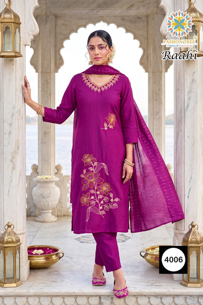 Raahi Vol 4 Passion Tree Roman Silk Readymade Pant Style Suits Wholesaler India