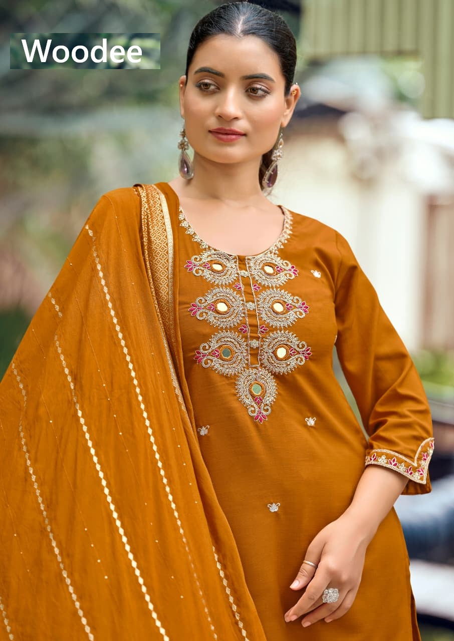 Raahi Woodee Viscose Silk Readymade Pant Style Suits Exporter Gujarat