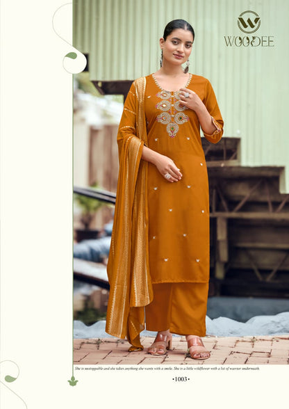 Raahi Woodee Viscose Silk Readymade Pant Style Suits Exporter Gujarat