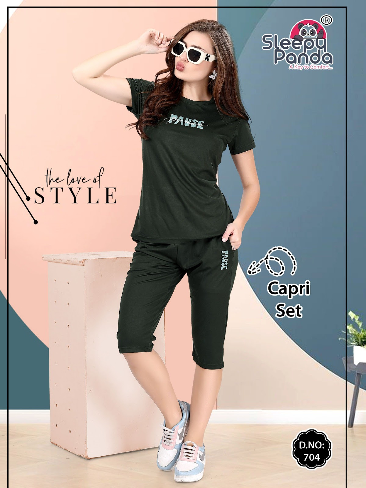 Raashi 704 Sleepy Panda Tencil Capri Night Suits Wholesaler Ahmedabad