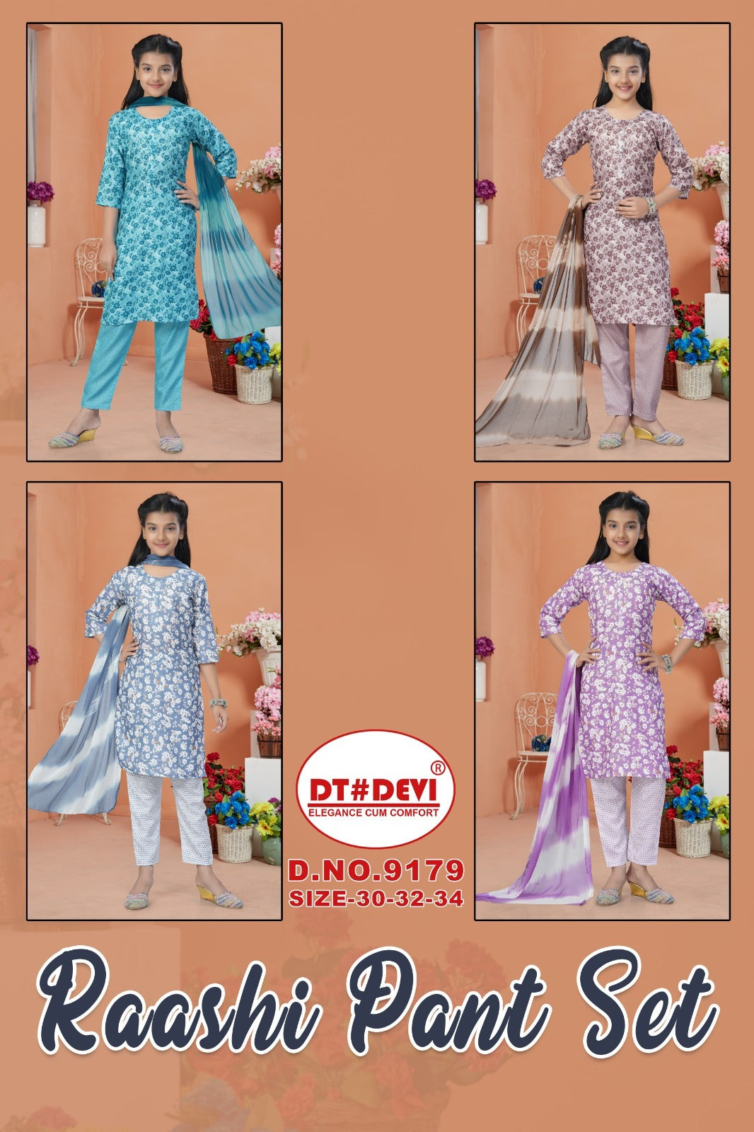Raashi Dn 9179 Dt Devi Rayon Slub Girls Readymade Pant Suits Supplier Ahmedabad