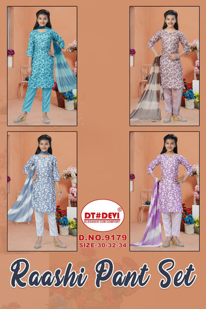 Raashi Dn 9179 Dt Devi Rayon Slub Girls Readymade Pant Suits Supplier Ahmedabad