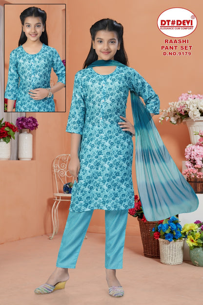 Raashi Dn 9179 Dt Devi Rayon Slub Girls Readymade Pant Suits Supplier Ahmedabad