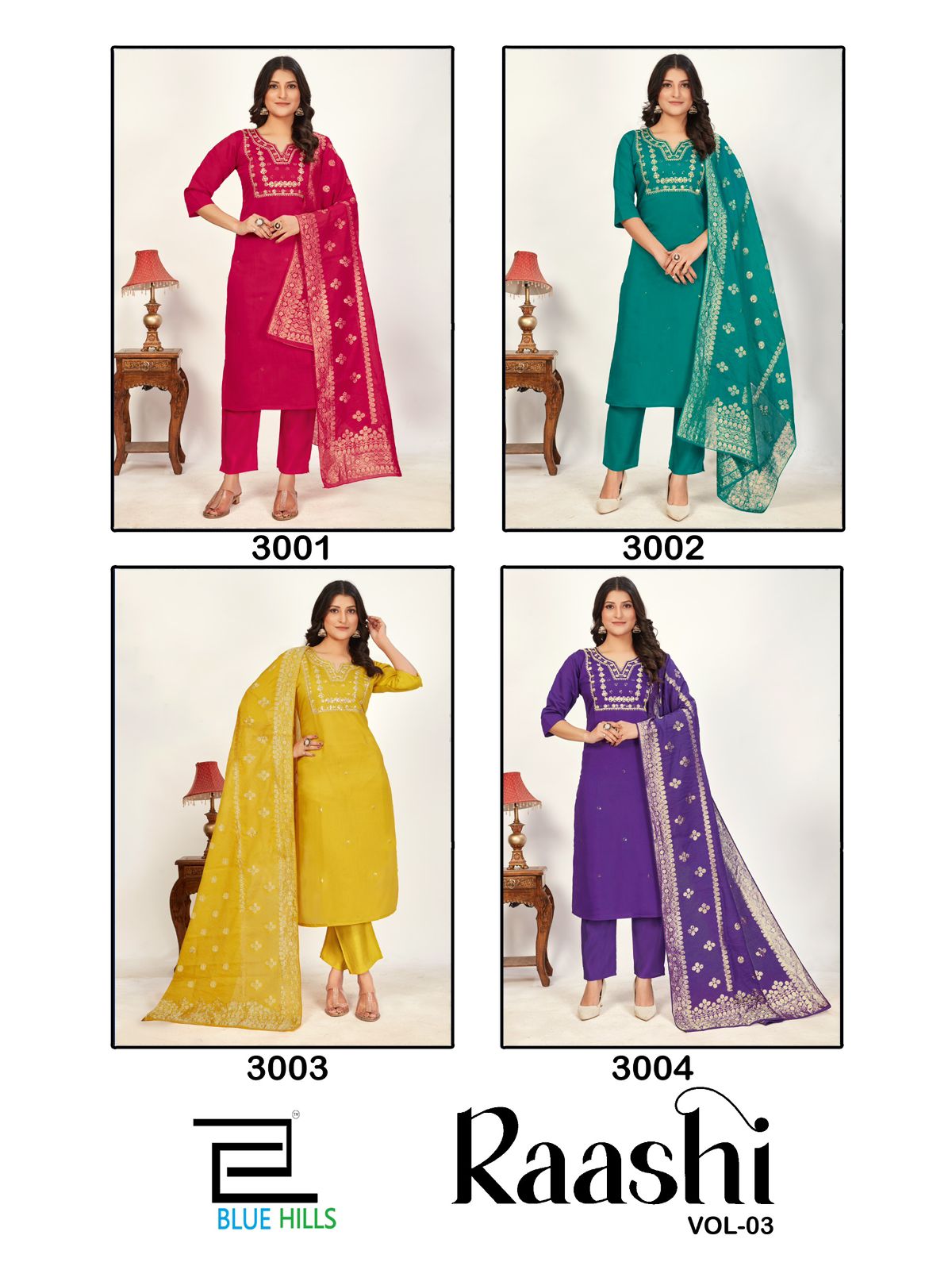 Raashi Vol 3 Blue Hills Roman Silk Readymade Pant Style Suits Supplier