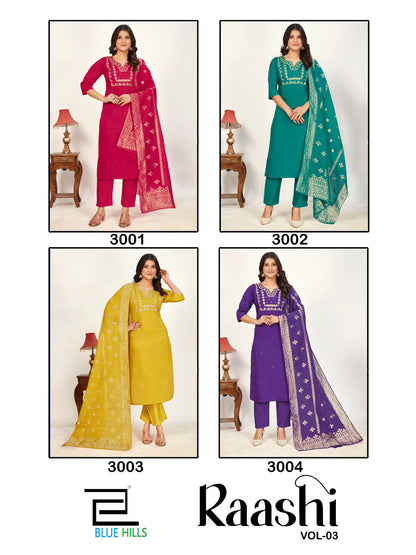 Raashi Vol 3 Blue Hills Roman Silk Readymade Pant Style Suits Supplier