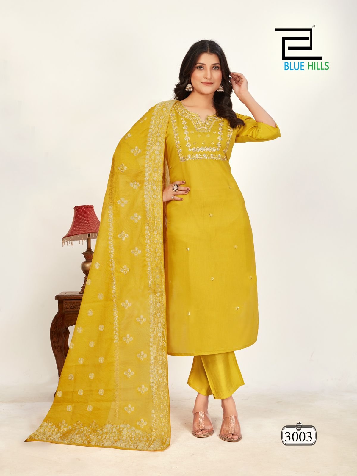 Raashi Vol 3 Blue Hills Roman Silk Readymade Pant Style Suits Supplier