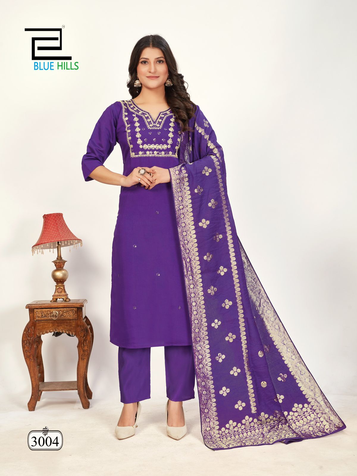 Raashi Vol 3 Blue Hills Roman Silk Readymade Pant Style Suits Supplier