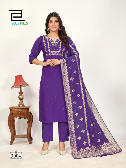 Raashi Vol 3 Blue Hills Roman Silk Readymade Pant Style Suits Supplier