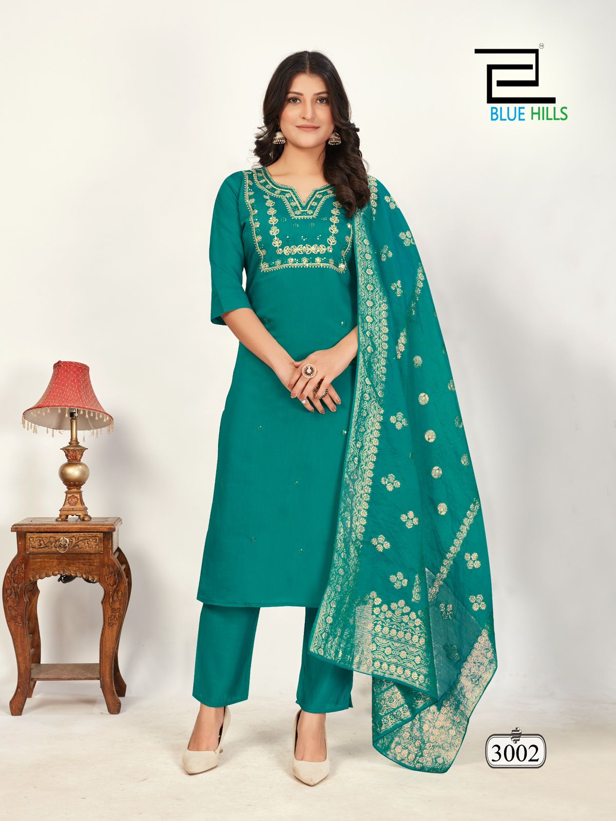 Raashi Vol 3 Blue Hills Roman Silk Readymade Pant Style Suits Supplier