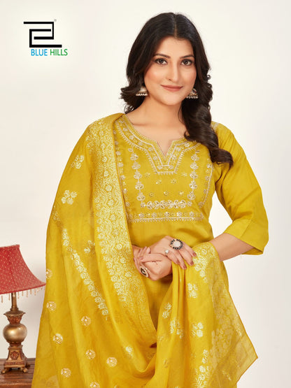 Raashi Vol 3 Blue Hills Roman Silk Readymade Pant Style Suits Supplier
