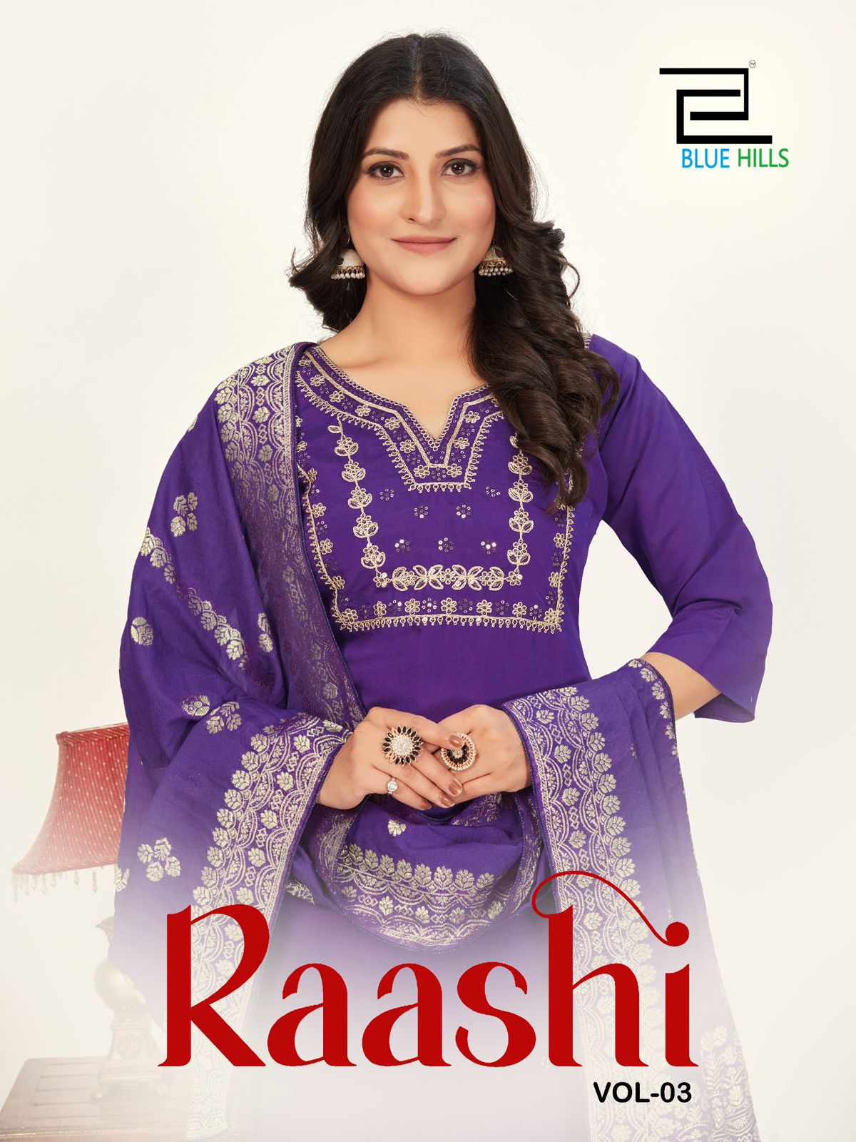 Raashi Vol 3 Blue Hills Roman Silk Readymade Pant Style Suits Supplier