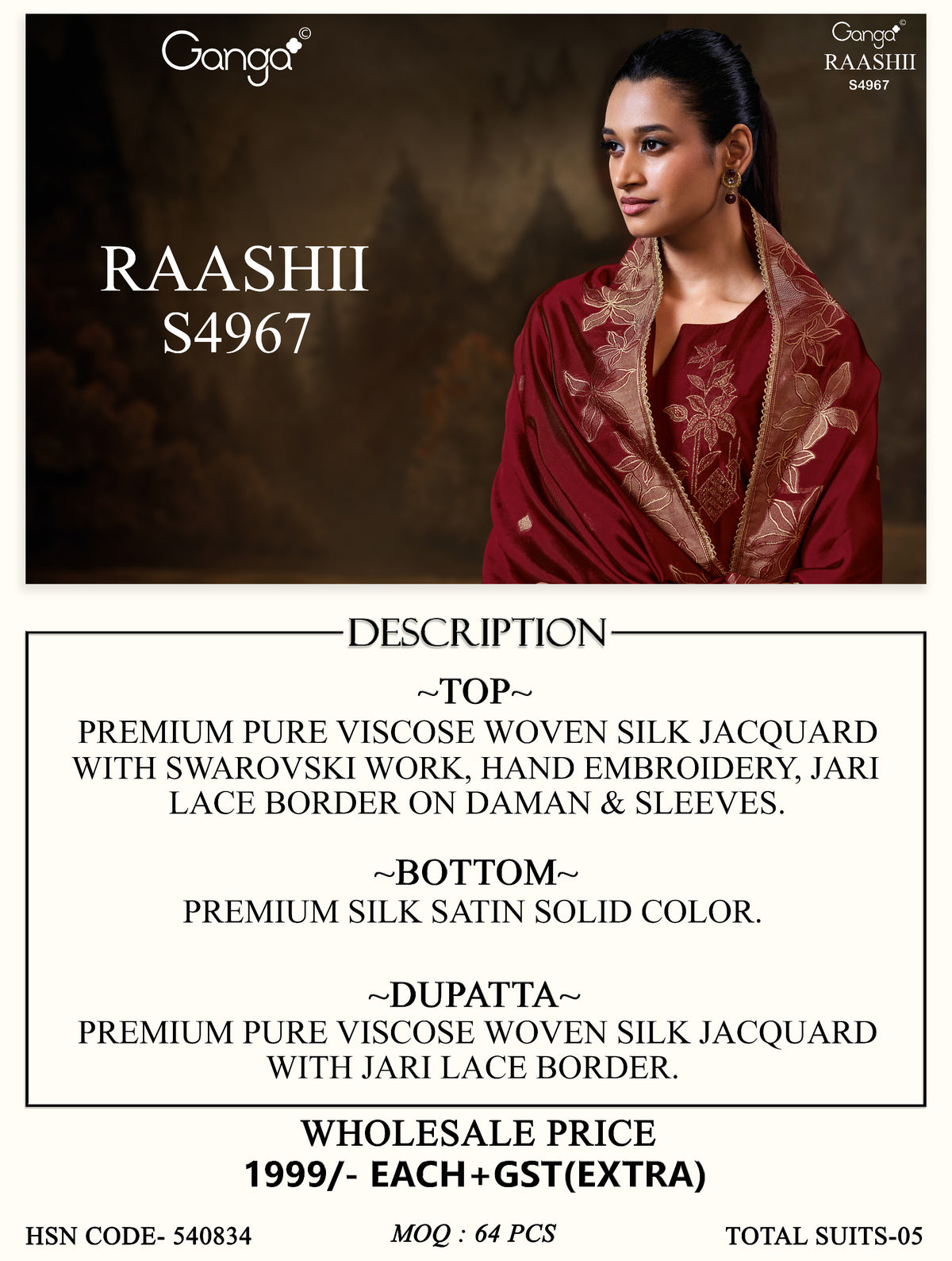 Raashii S4967 Ganga Silk Jacquard Plazzo Style Suits Wholesale