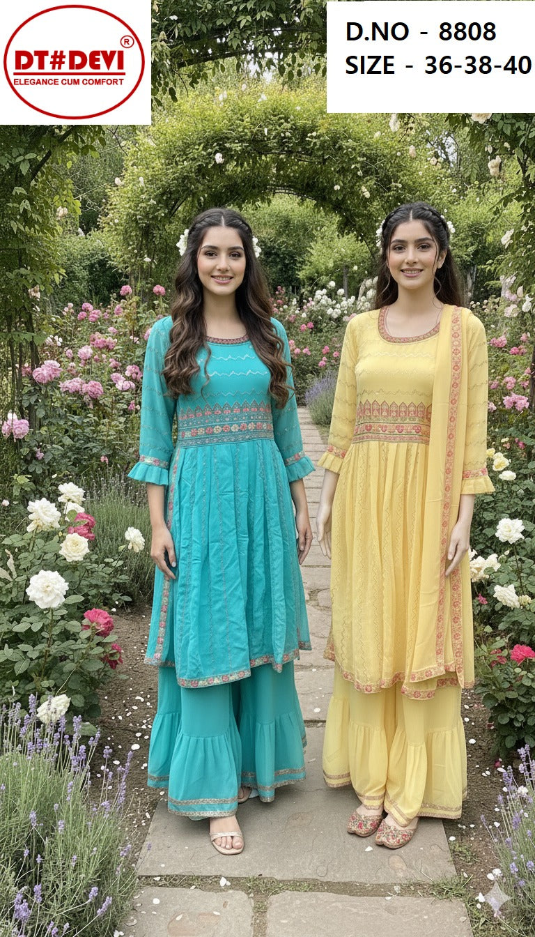 Radhika 8808 New Blue Yellow Dt Devi Georgette Girls Readymade Sharara Suits Supplier
