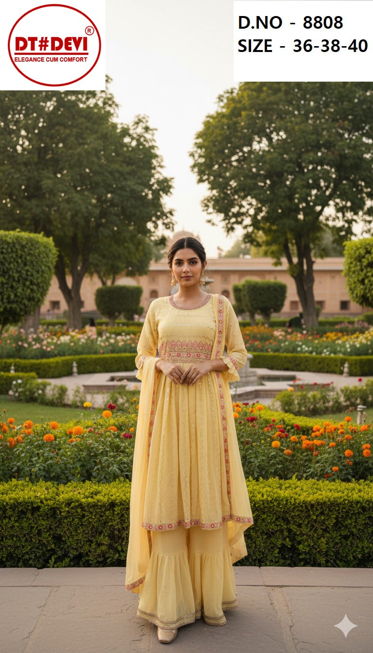 Radhika 8808 New Blue Yellow Dt Devi Georgette Girls Readymade Sharara Suits Supplier