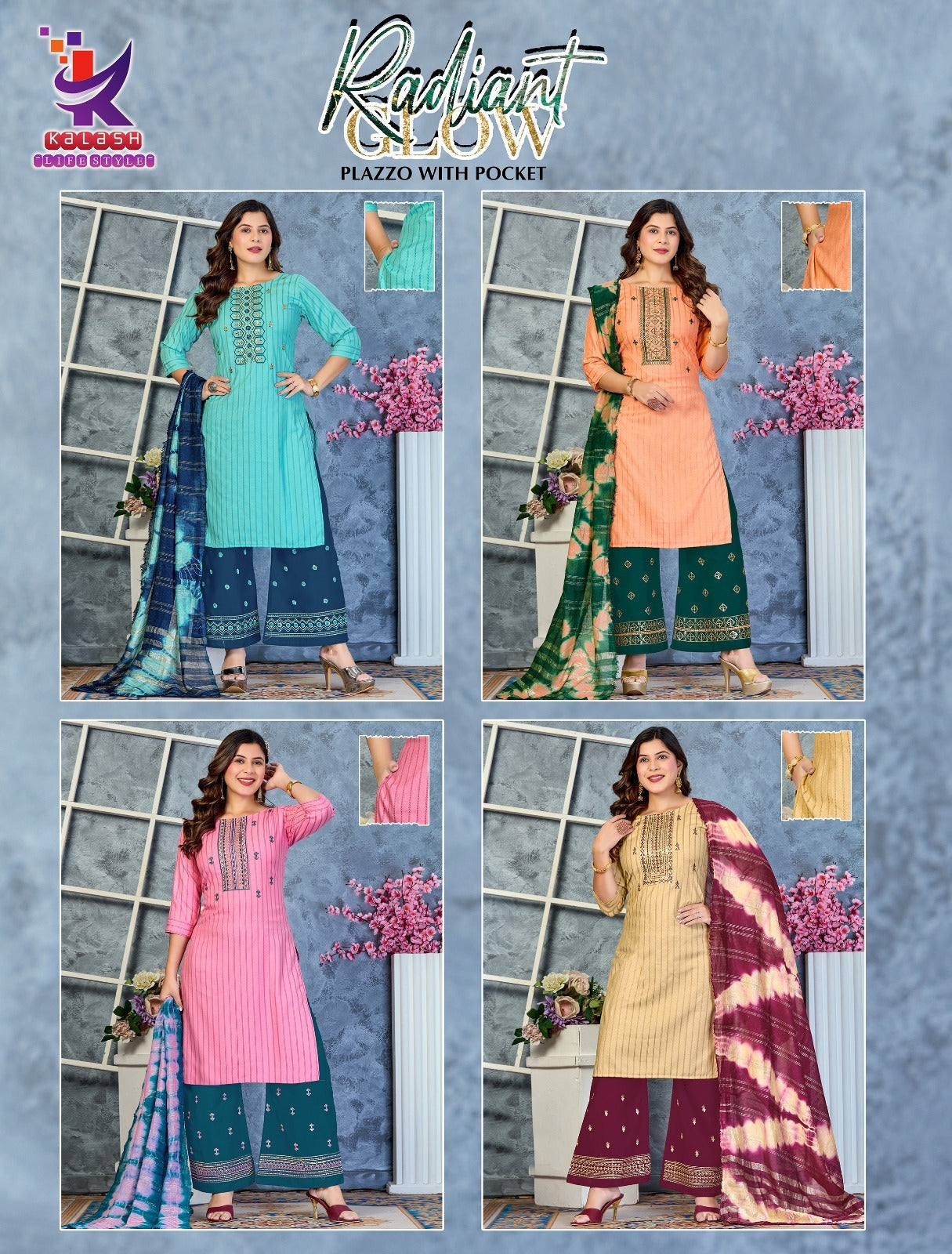 Radiant Glow Mlm Kalash Lifestyle Bombay Readymade Plazzo Style Suits Wholesale