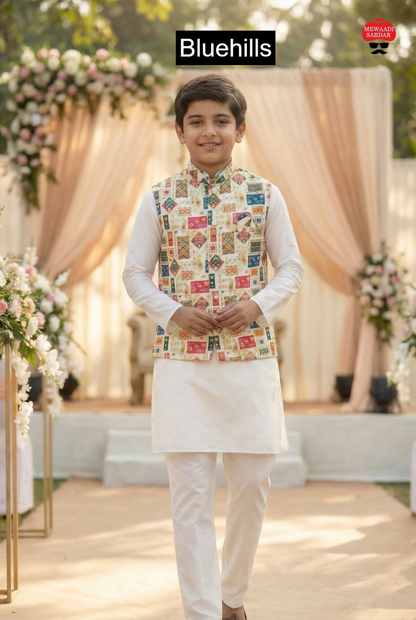 Raj Tilak With Jacket Bluehills Satin Boys Kurta Pyjama Wholesaler Gujarat