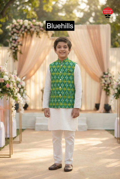 Raj Tilak With Jacket Bluehills Satin Boys Kurta Pyjama Wholesaler Gujarat
