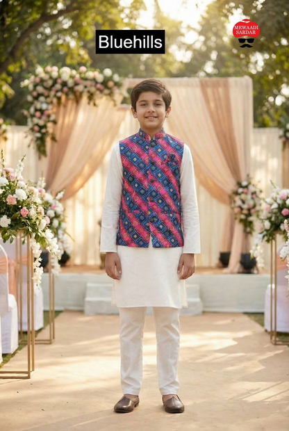 Raj Tilak With Jacket Bluehills Satin Boys Kurta Pyjama Wholesaler Gujarat
