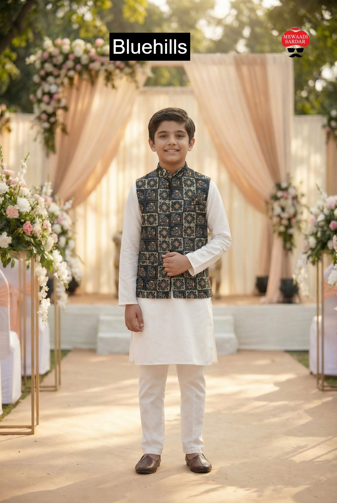 Raj Tilak With Jacket Bluehills Satin Boys Kurta Pyjama Wholesaler Gujarat